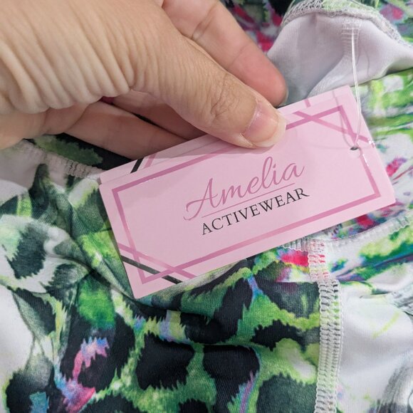 BNWT Amelia Activewear Animal Print Floral Legging Tights Green Pink Size Medium - Picture 4 of 8